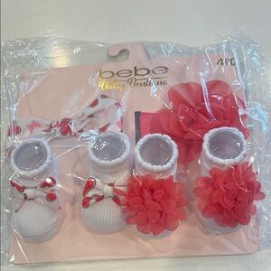 Bebe White Baby Booties with watermelon hearts Floral  flower socks headband nwt